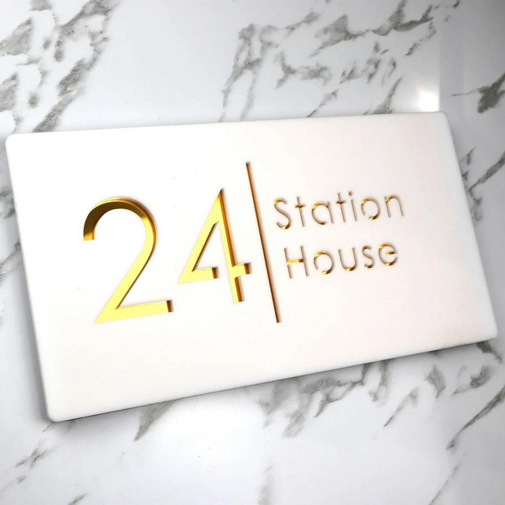 Door Name Plate - White & Gold Mirror Floating House Sign