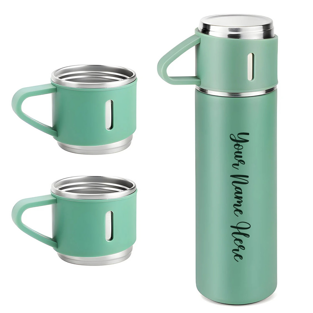 Personalized Stainless Steel Water Bottle Vacuum Flask Set with 3 Steel Cups Combo